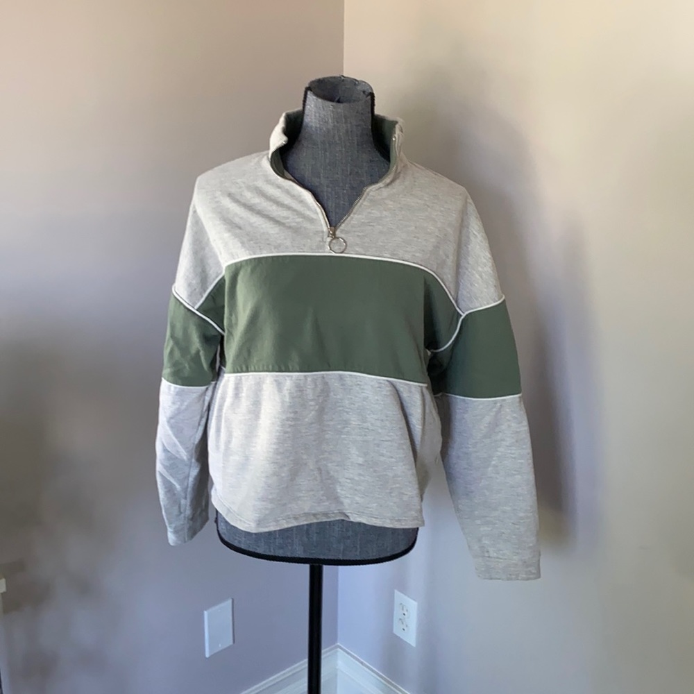 Grey and green color block quarter zip